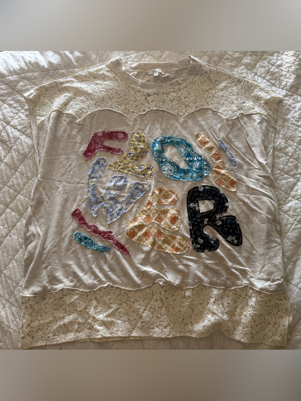 Oli & Hali Cream Patchwork Flower Graphic Lace-Trim Top - Picture 2 of 5